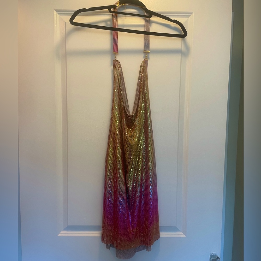 Mini party dress, low back, ombré from gold to pink. Size large.